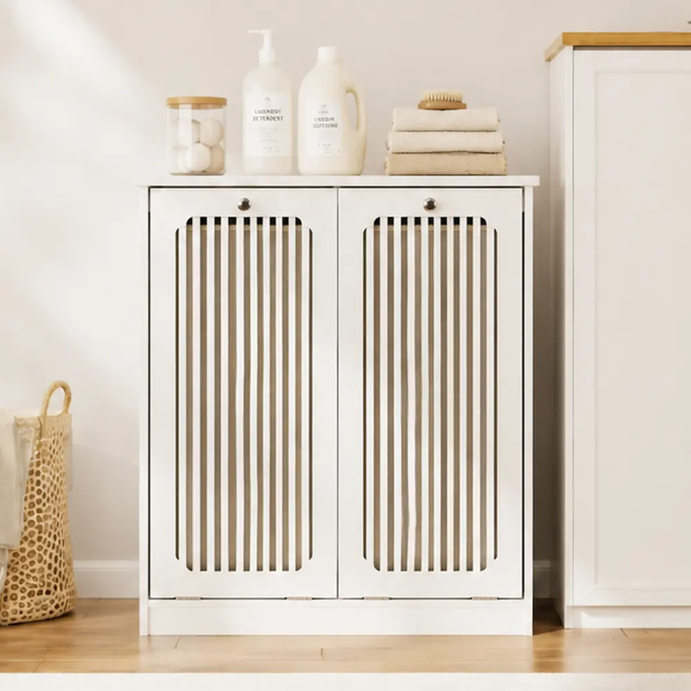 Flip Top Laundry Hamper Cabinet with Louvered Doors, Double Compartment Fabric Laundry Basket Storage Cabinet, Freestanding Floor Storage Organizer for Bathroom, Laundry Room, Bedroom, Balcony, Home Organization Furniture, White