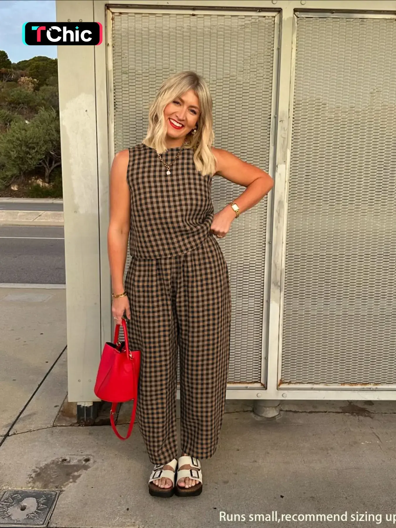 Women's Two-Piece Matching Woven Gingham Print Fitted Sleeveless Tank Top and Wide Leg Pants Set, Matching Clothing Set, Casual Cozy Fashion Outfit for Daily Outdoor Wear, Women's Clothes for Spring and Fall