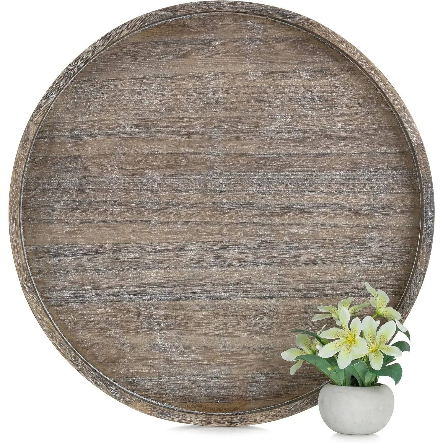 Hanobe 22" Large Round Wood Decorative Ottoman Tray with Handles, Farmhouse Rustic Coffee Table Topper for Living Room Home Decor