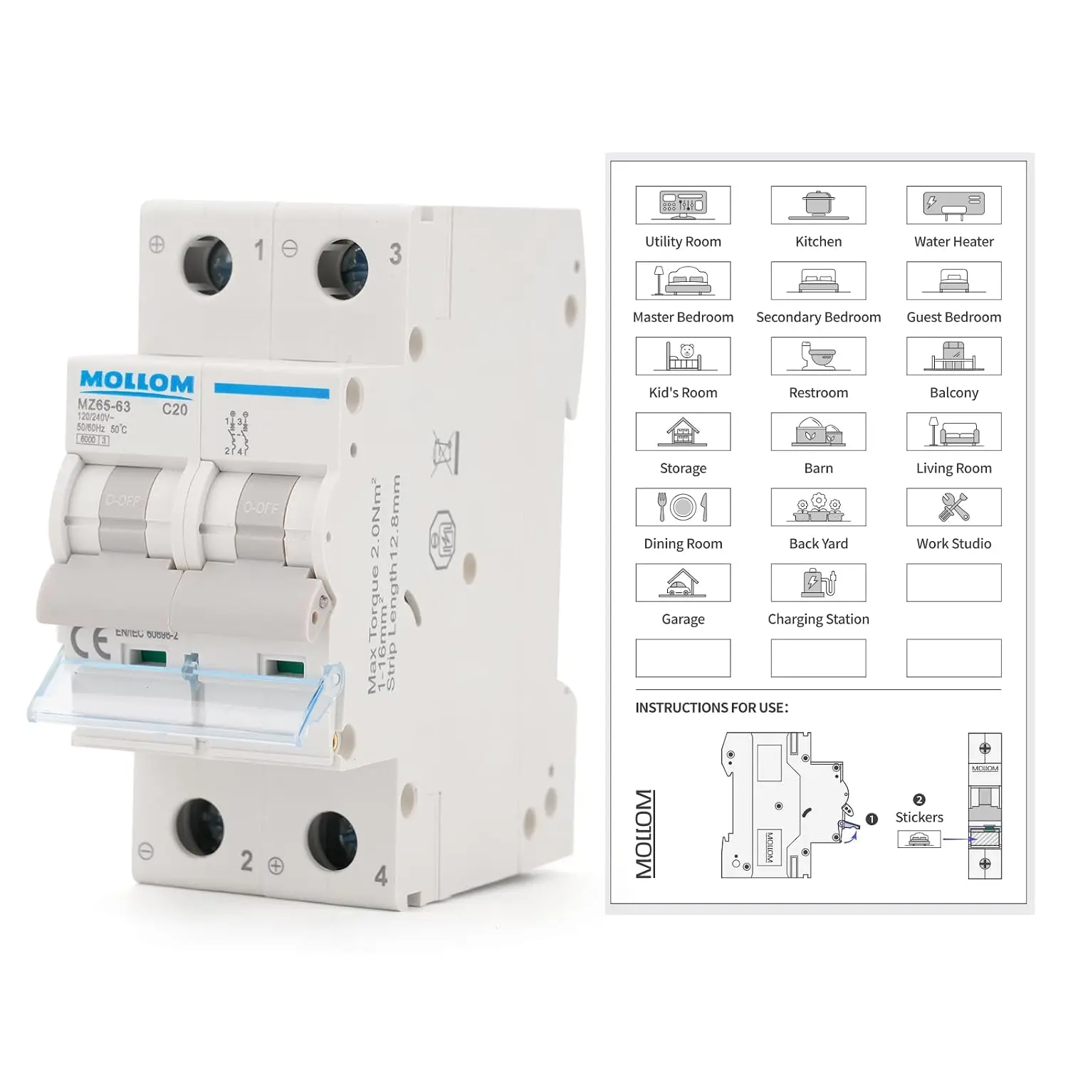 AC 2P 110-240V 20Amps C20 Miniature Circuit Breaker| Scene Visualization Custom MCB, Thermal Magnetic Trip, 6KA Breaking Capacity for Solar AC System, Home Use, RVs