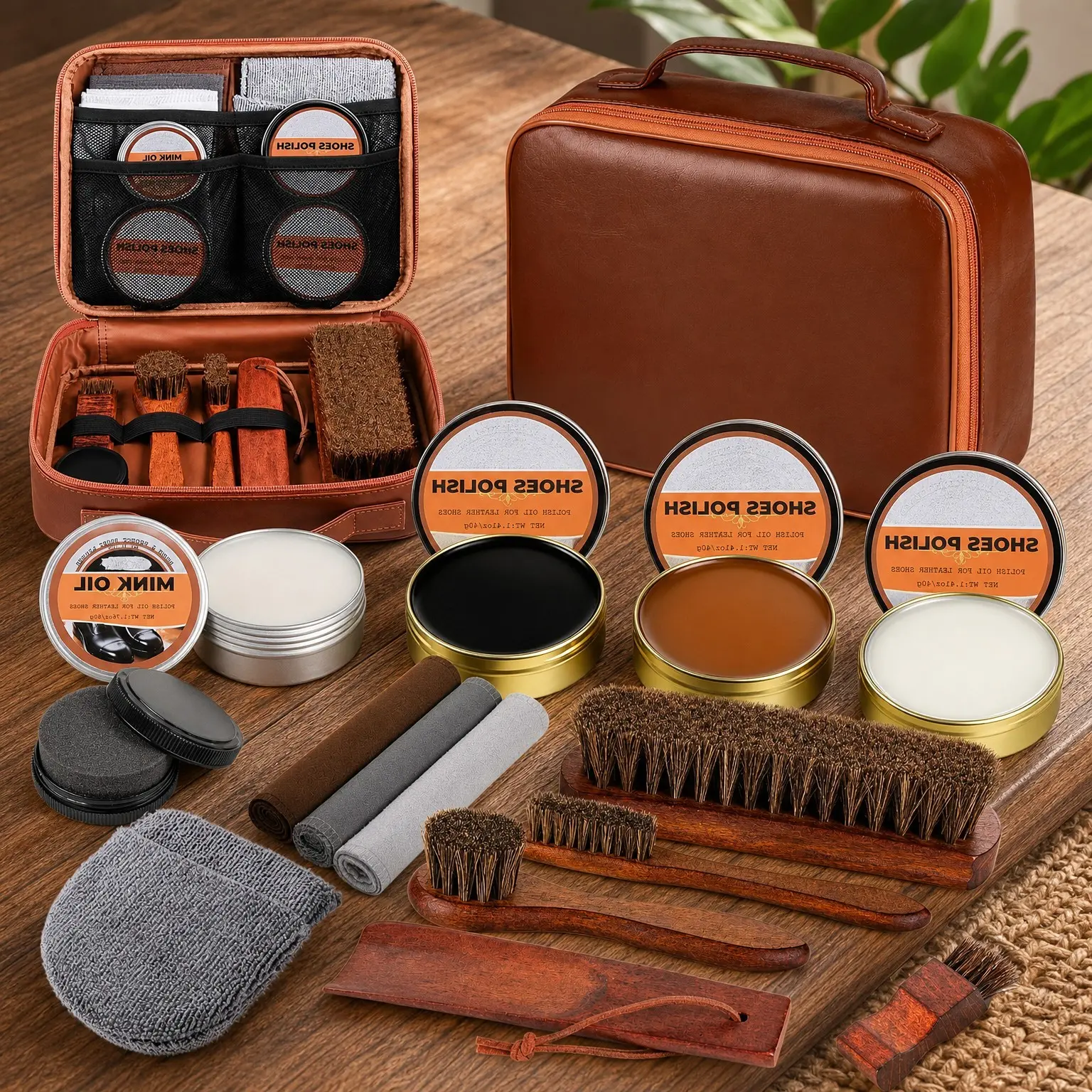 15-in-1 Leather Shoe Care Kit with Mink Oil, Black Brown Neutral Creams, Horsehair Brushes, Travel Storage Case for Boots Dress Shoes, Gift for Men and WomenGift