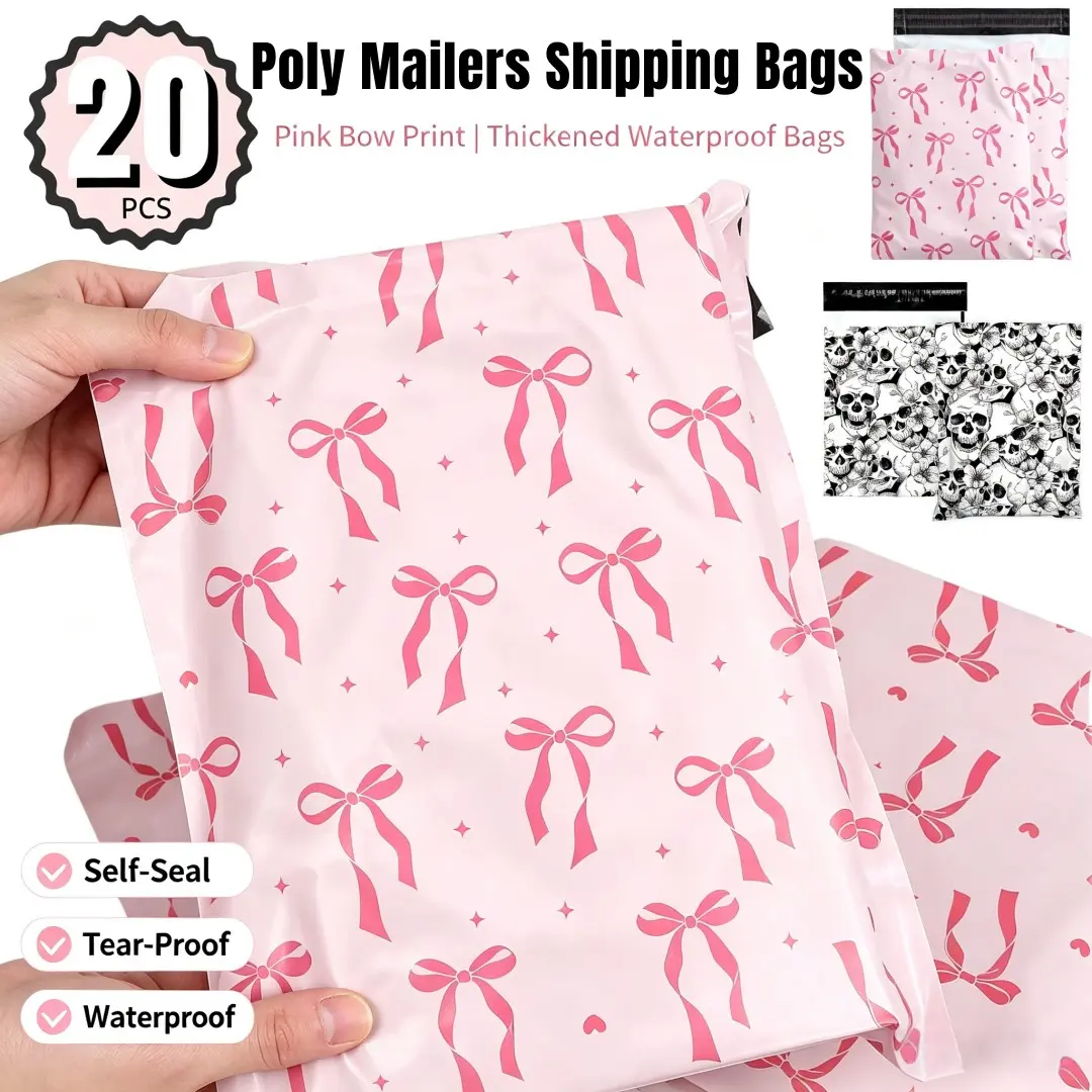 20 PCS Poly Mailers Shipping Bags, Cute Pink Bow Coquette & Gothic Skull Floral Printed Self Seal Mailing Envelopes, Thick Waterproof Tear Resistant Plastic Packaging Bags for Apparel Stationery Valentine Mother's Day School Party Small Business Gift Ship