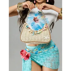 Women's 2026 Summer Woven Shoulder Bag, Trendy Seashell & Pearl Decor Crossbody Purse, Lightweight Chain Strap Beach Handbag, Coastal Chic Vacation Bag for Travel, Resort, Brunch & Summer Outfits