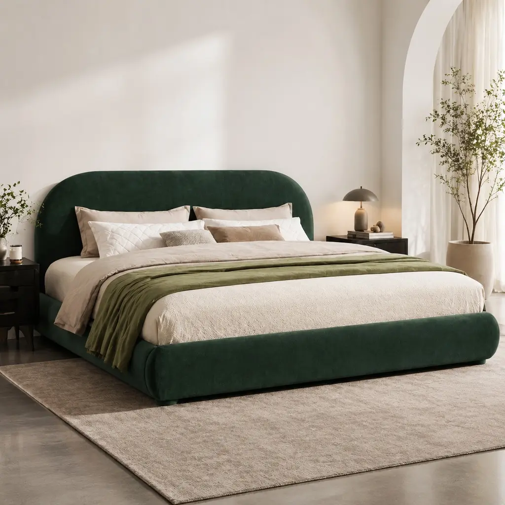 Dark Green Soft-Touch Velvet Queen Bed Frame - Strong Upholstered Platform Bed with Curved Arched Headboard, Solid Construction, Contemporary Design for Modern Bedroom, 86.81in L x 68.70in W x 33.46in H, Assembly Required, Easy Setup