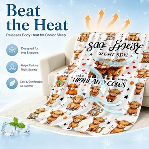 Cute Cartoon Highland Cow Print Cooling Blanket for Hot Sleepers Q-Max >0.25 Summer Blanket Thin Lightweight Breathable Soft Double Side Enhanced Cooling Mat for Bed Couch Sofa, Keep Cool for Night Sweats