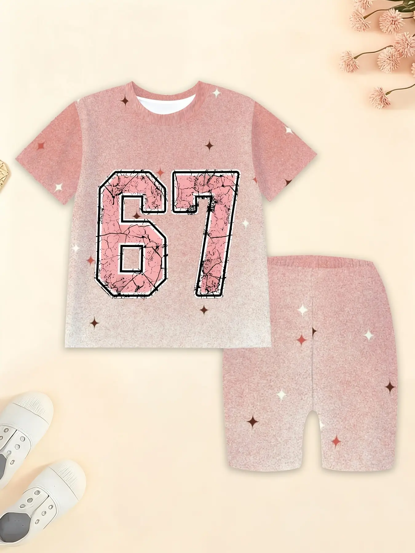 Big Girls Trendy Red 67 Matching Shorts Set, Cute Holiday Outfit For City Walk & Pool Party, Miami & Dallas Viral Teen Summer Outfit