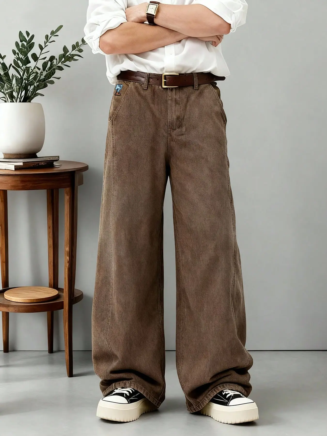 Vintage Men's Dark Loose Fit Wide Leg Jeans, Elephant Embroidery, Mid Waist, All Seasons, Unisex Fashion, No Belt Included