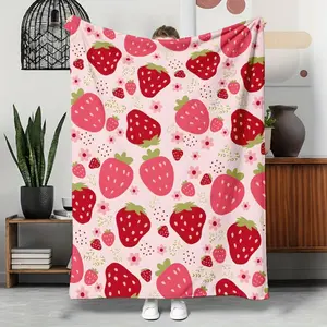 Strawberry Pattern Flannel Blanket Cute Red Pink Strawberries With Flowers And Leaves Soft Throw For Couch All-Season Cozy Warm Flannel Fabric