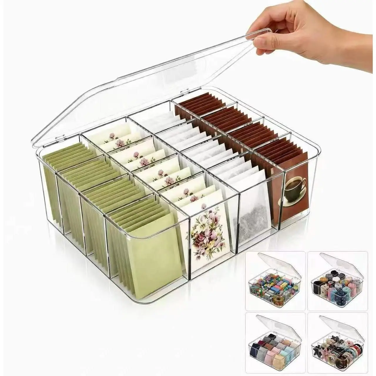 16 Compartment Acrylic Tea Bag Organizer with Lid 1 Pack - Clear Stackable Dustproof Acrylic Storage Box for Tea Bags, Coffee Pods, Sugar Packets & Kitchen Condiments