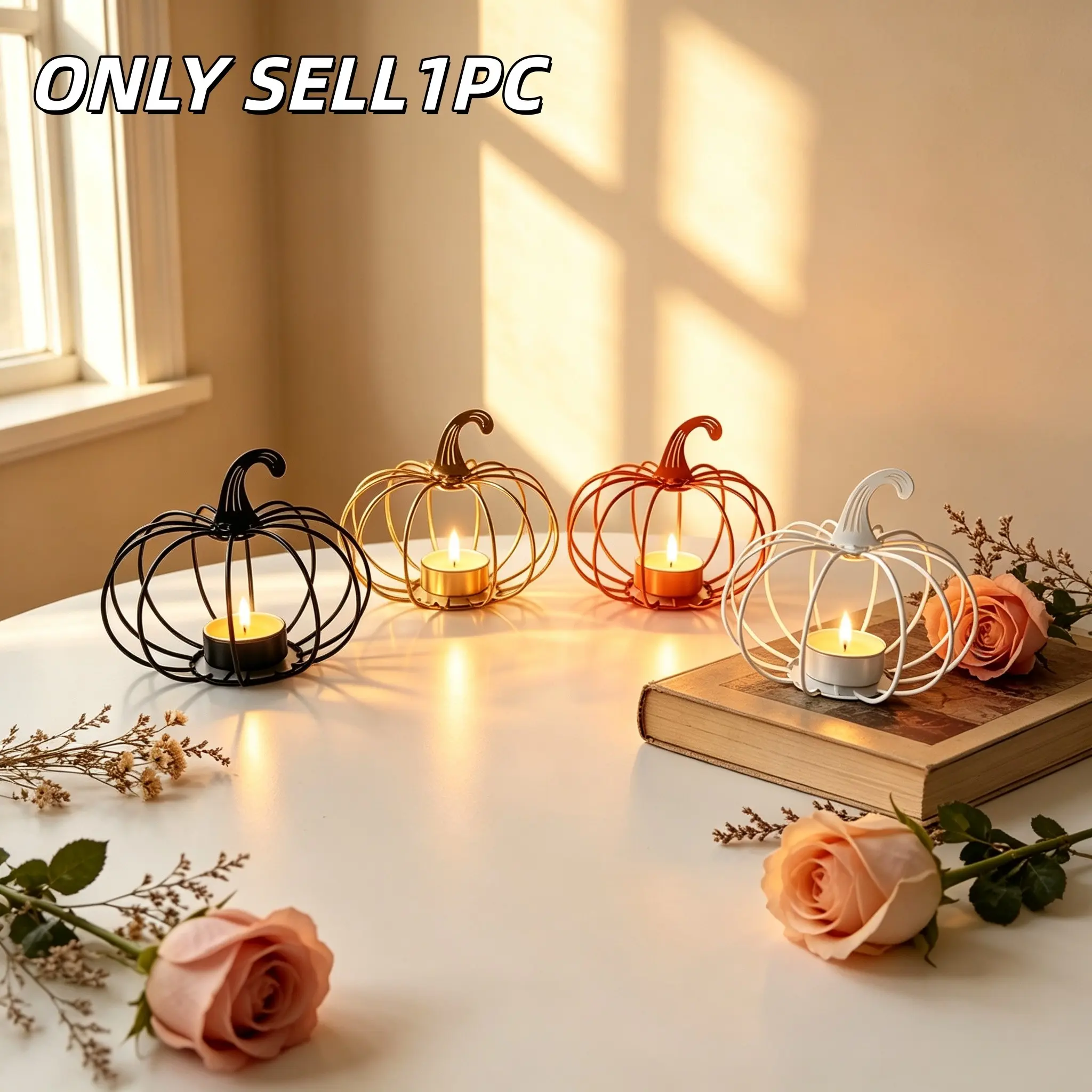 1PC Hollow Iron Wire Pumpkin Tealight Candle Holder, Minimalist Pumpkin Stand, Tabletop Ornament for Autumn, Thanksgiving & Halloween