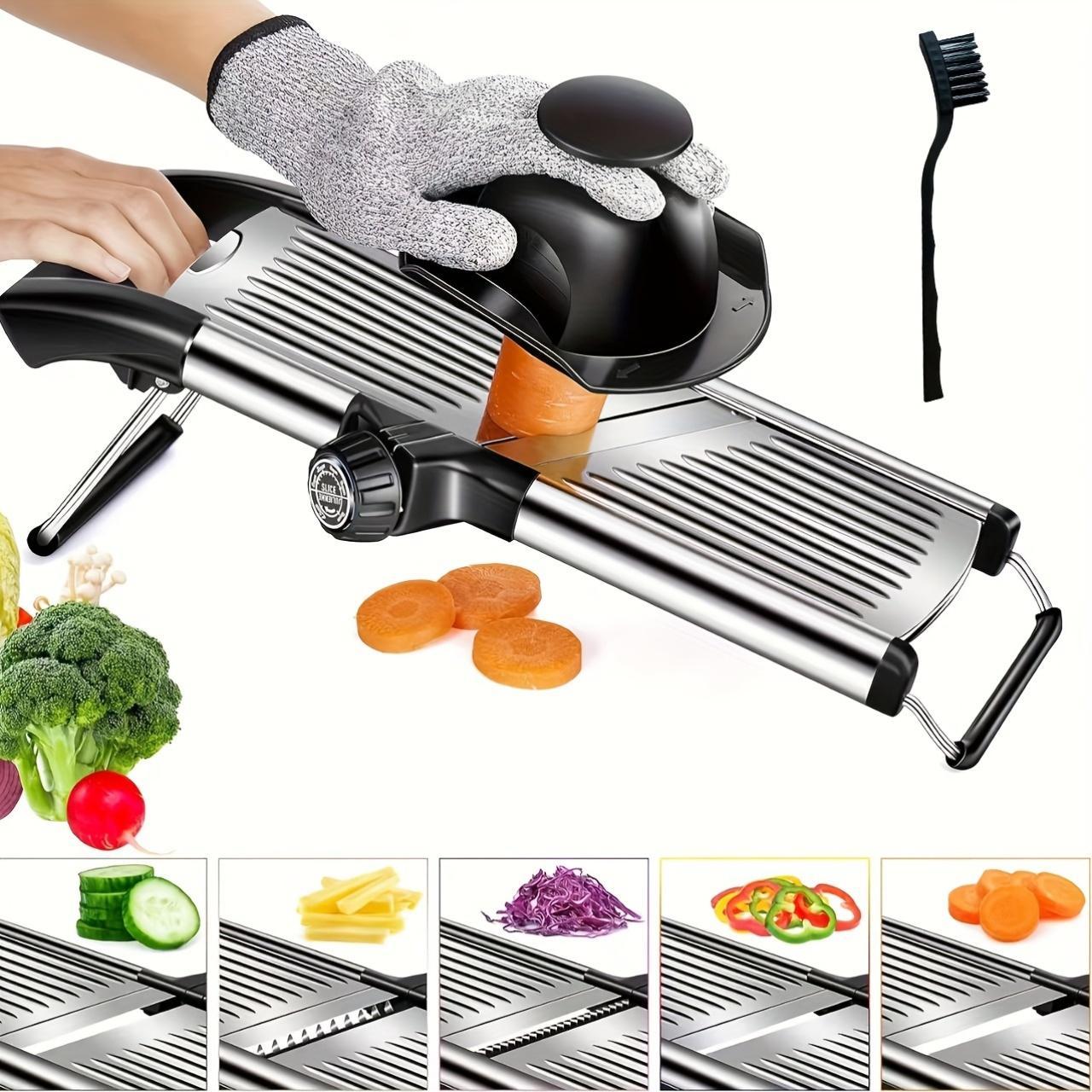 A Stainless Steel Vegetable And French Fry Slicer with Five Adjustable Blade Sizes, a Professional Mandoline Slicer, And an Onion Grater for Kitchen Additions