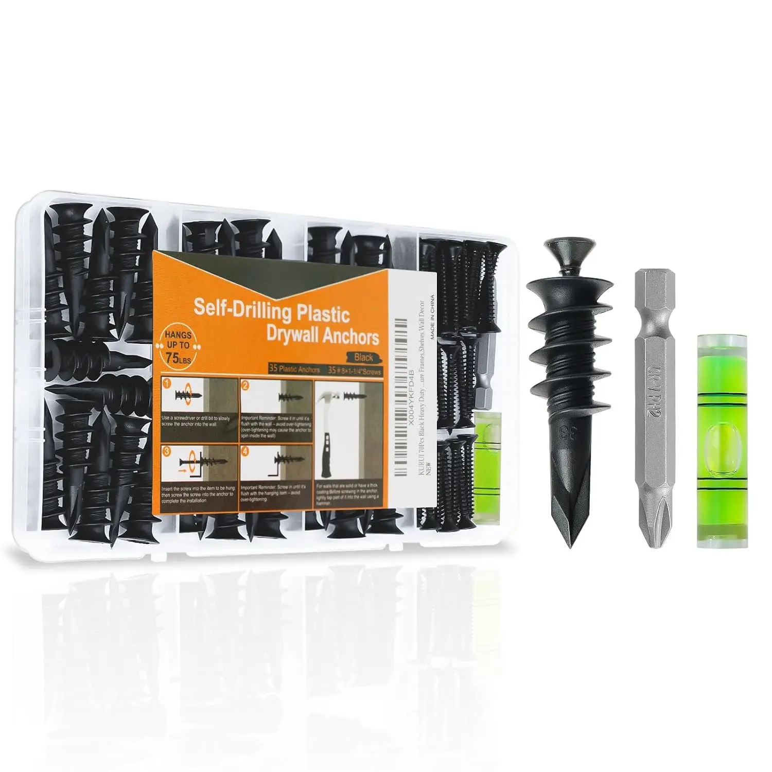 Nylon Fiber Heavy Duty Self-Drilling Drywall Anchors with Screws Set Pack, 70-Count Black Wall Mounting Fasteners for Sheetrock & Hollow Walls, Holds Up to 75 lbs for Home Improvement Projects, Shelves