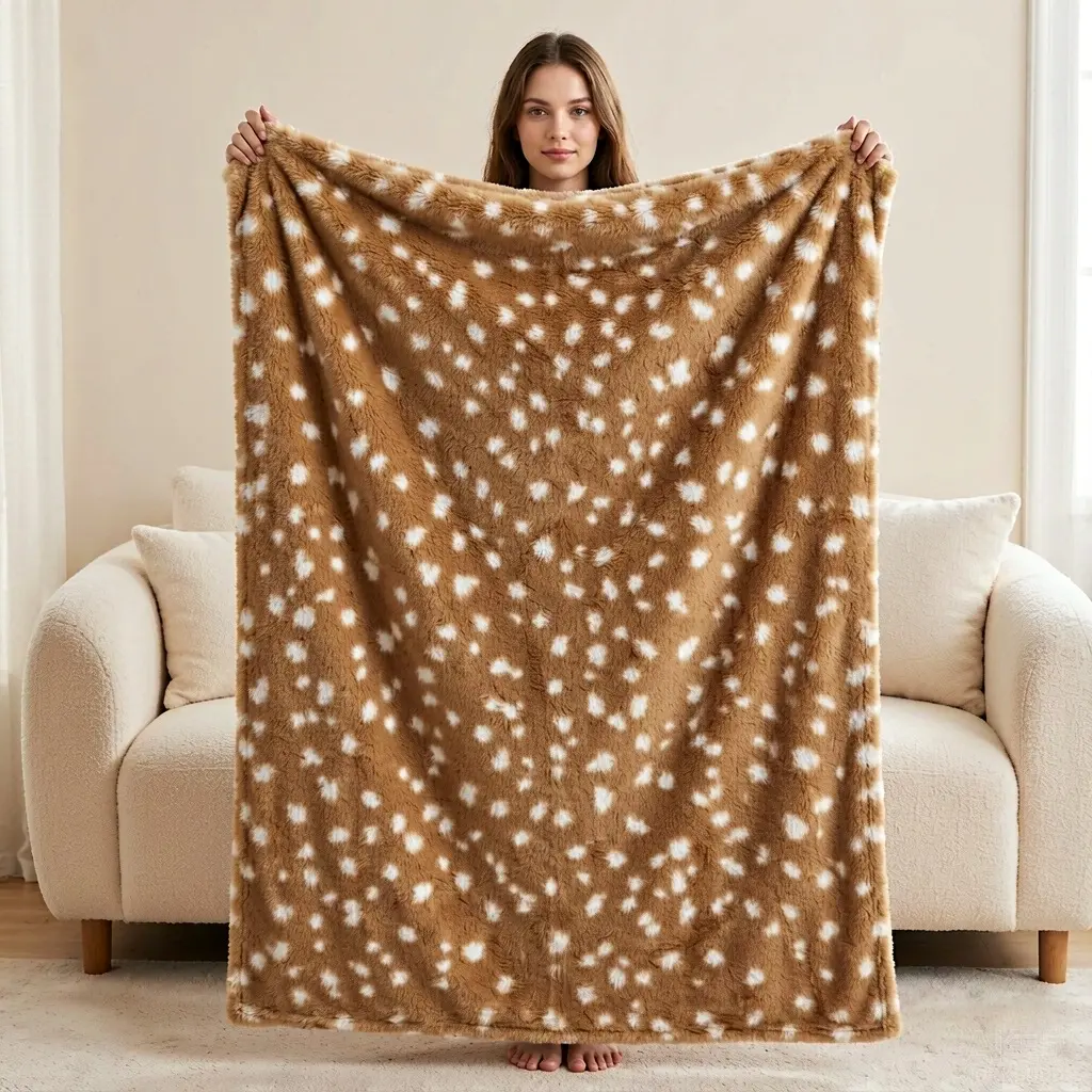 Fawn Spot Blanket, Soft Deer Fur Print Fluffy Flannel Throw, Cozy Animal Print Blanket for Couch Bed Office, Neutral Beige Fall Winter Decor, Gifts for Deer Lovers Women Kids, 60x80in