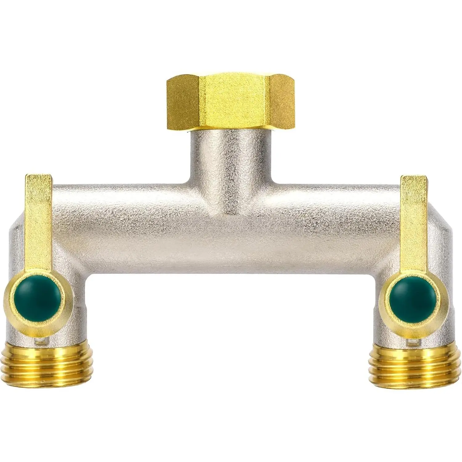 Heavy Duty Brass Garden Hose Splitter, 2-Way Faucet Splitter with 2 Extended Metal Handles, Outdoor Hose Splitter, GHT 3/4-Inch Heavy Duty Hex Female Inlet and 3/4-Inch Male Outlet, Nickel Plated
