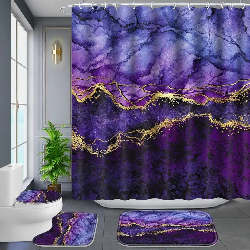 Purple Marble Shower Curtain Gift Set - 4-Piece Polyester Bathroom Set with Gold Edge, Graphic Pattern, Large Sizes, Waterproof, Fade Resistant, Shower Curtain, Bath Mat, U-Shape Mat, Toilet Seat Cover, 12 Hooks
