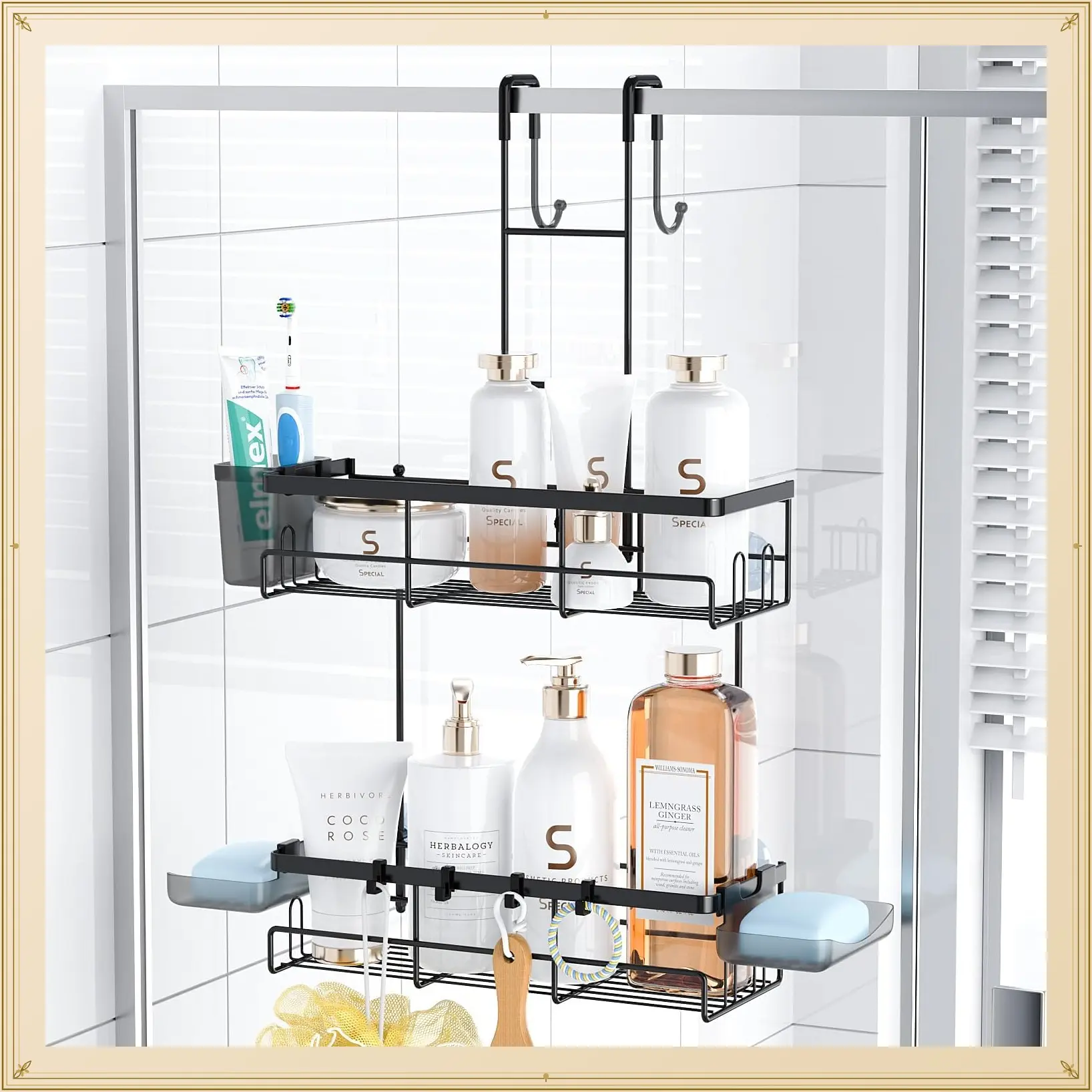 Over the Door Shower Caddy Hanging Organizer, No Drill Rustproof, Includes Hooks and Soap Holders for Shampoo, Conditioner, Bathroom Essentials, Anti-Slip for Shower RoomGift