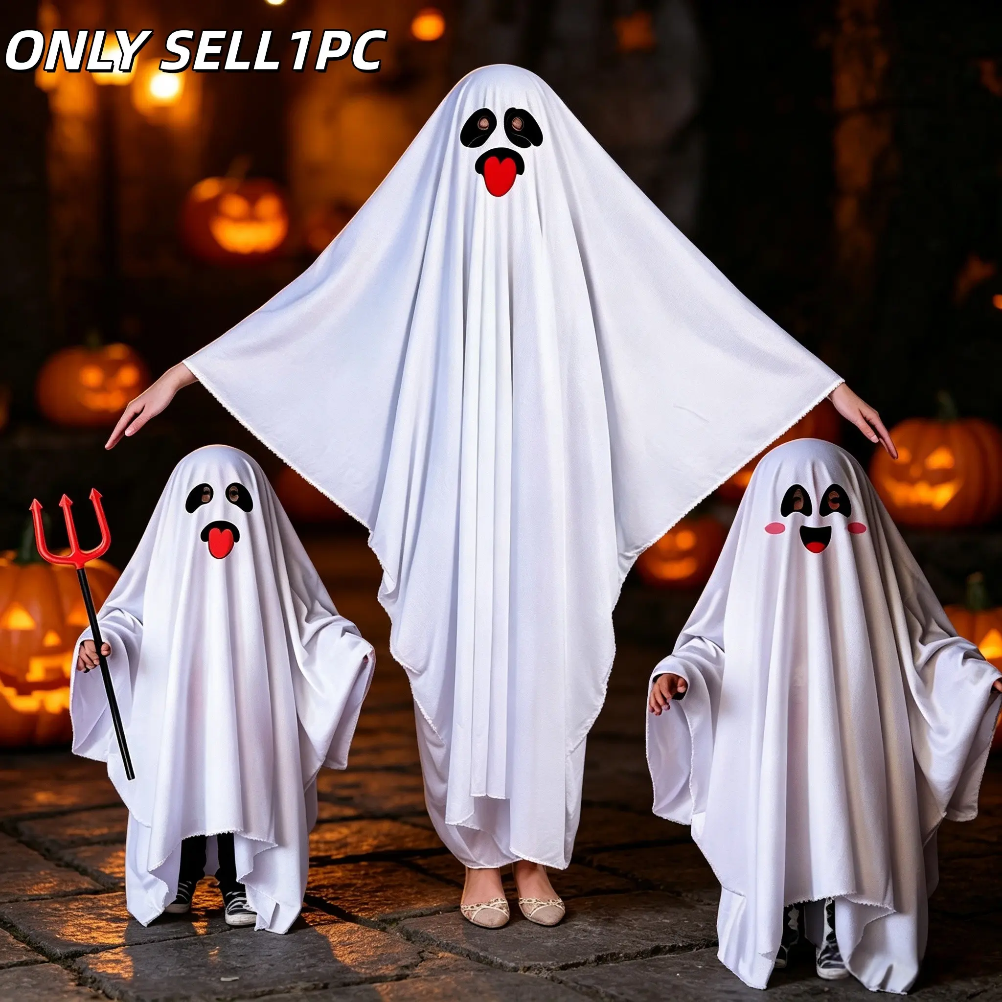 1PC Halloween Ghost Costume, Soft White Ghost Cape with 3 Cute Ghost Face Prints, Cosplay Cloak for Adults & Kids Trick-or-Treat Party