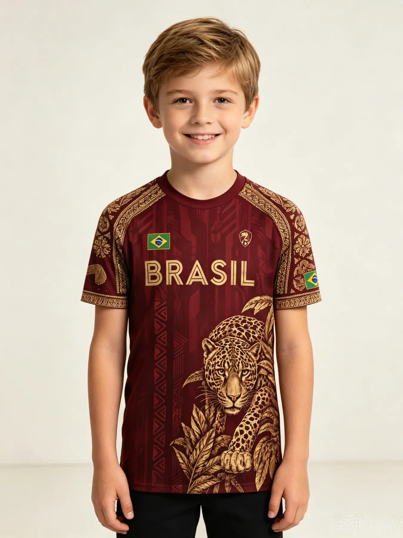Boys' Brazil Flag Badge Gold Leopard Print T-Shirt, Animal Print Shirt, Loose Round Neck Casual Sports Tee, Retro Jungle Ethnic Design All-Season Training Top