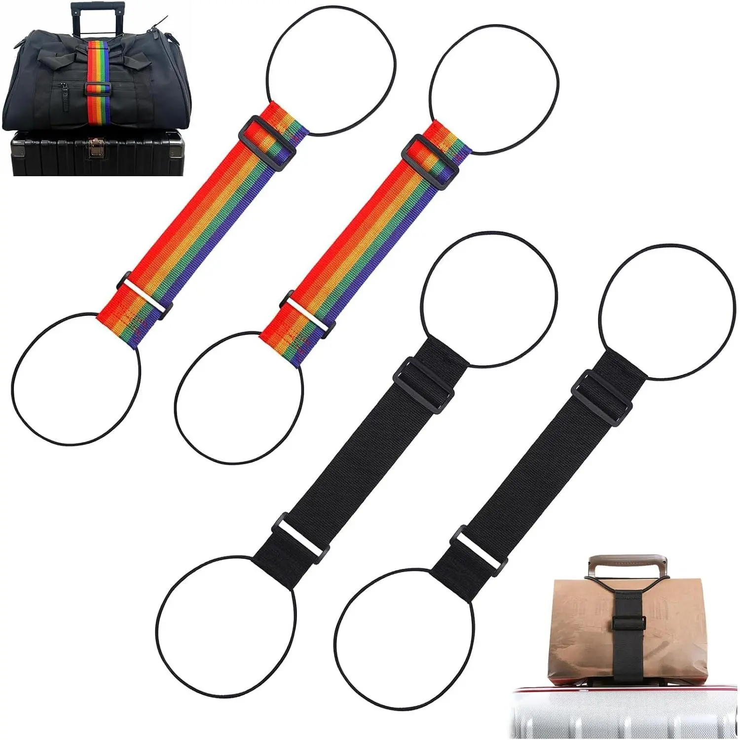 4 count Multi Use  Adjustable Luggage Connector Straps for Suitcases | Flexible and Elastic Luggage Strap for Connect Two Suitcases, Add Bag, Easy to Travel (Black, Colorful)