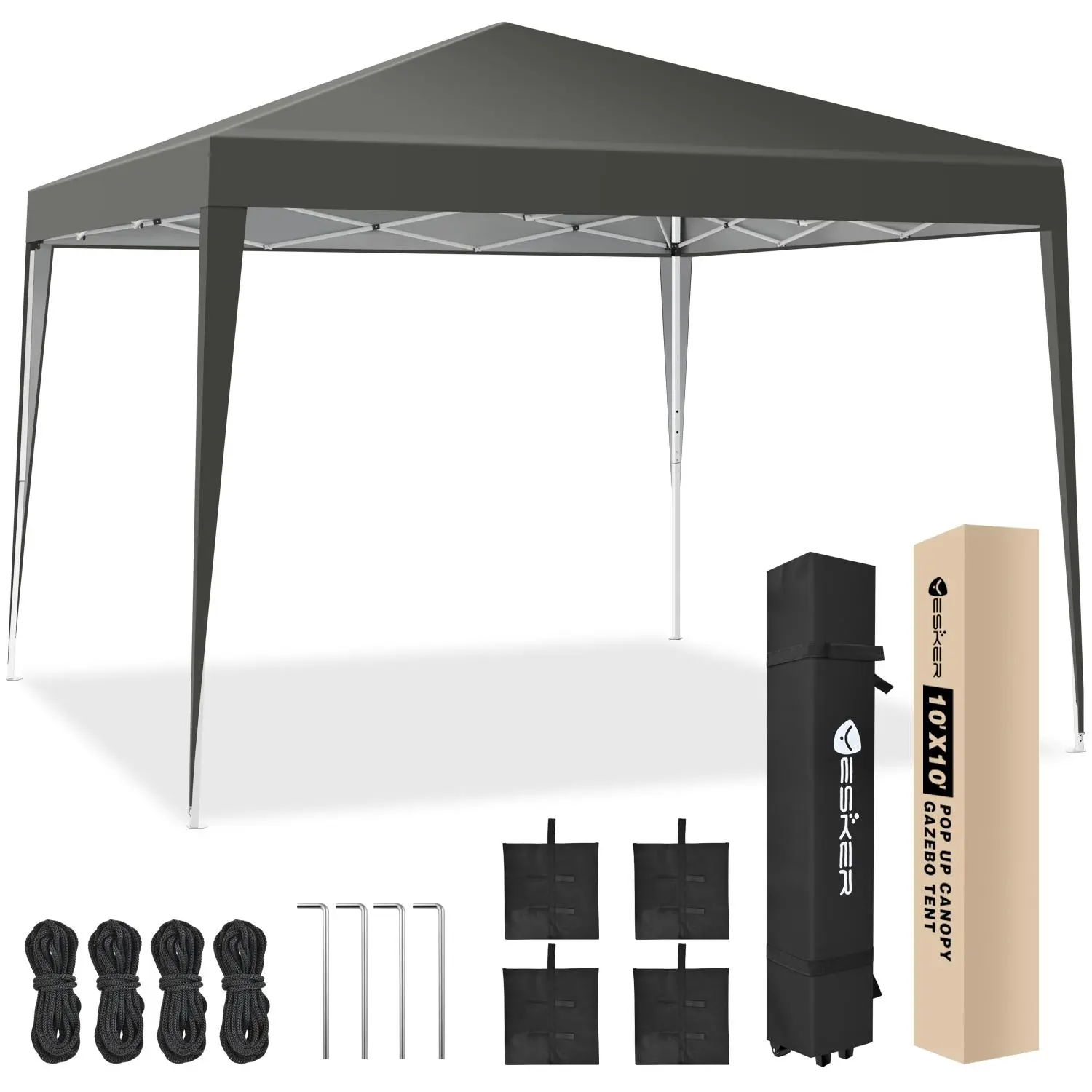 Yesker 10x10 Pop Up Canopy Tent - UPF 50+ Waterproof Gazebo with Adjustable Height, Portable Setup, Wheeled Bag - Unisex Unique Camping Gear for Camping, Outdoor Events, Gray Fathers Day Gift