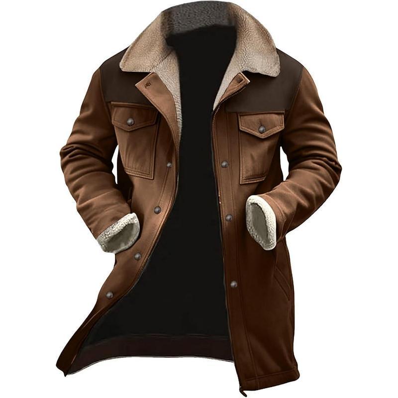 Mens Western Cowboy Jacket  Long Trench Coats Zip Up Plush Collar Cowboy Peacoat Retro Tops Casual Menswear Fathersdaygift Soft Fleece Hoodie jacket western clothing jackets letterman ffa jacket western clothing