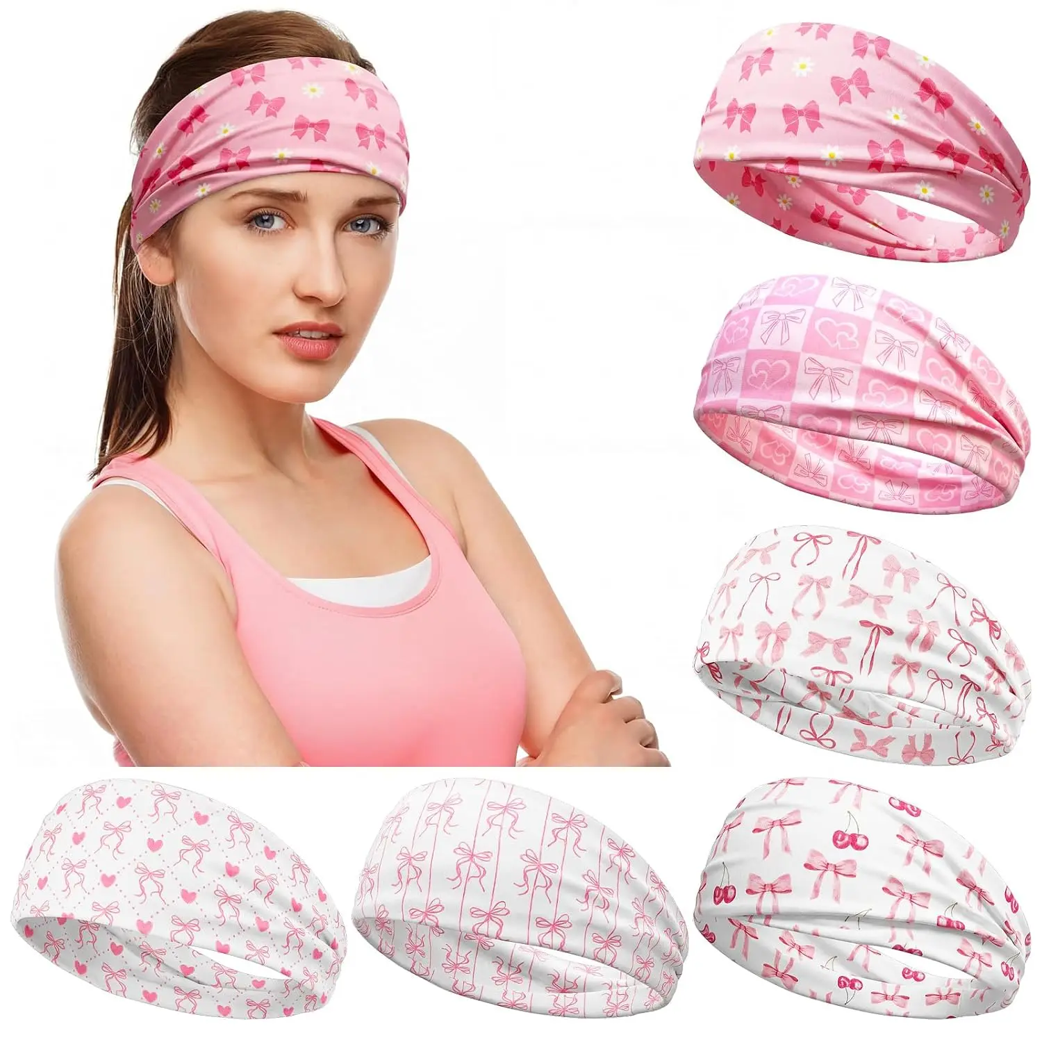 6 Pack Wide Headbands for Women  Elastic Non Slip Hair Wrap Boho  Bands Wide Thick  Hair Wraps for Women Nurse, Summer Workout, Yoga, Running, Exercise (Bowknot)