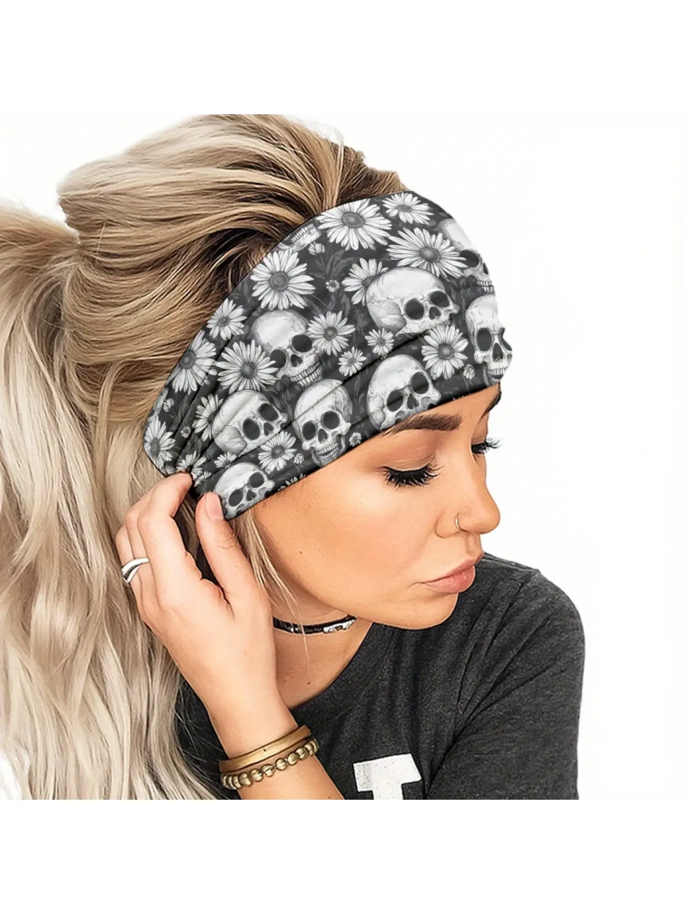 1pc Women'S Skull & Floral Print Headband - Stretchy Fabric, All-Season Yoga, Running & Workout Headband for Casual Attire, Women'S Fashion Accessory|Skull Pattern Bandana|Stretchy Fabric, Headbands for