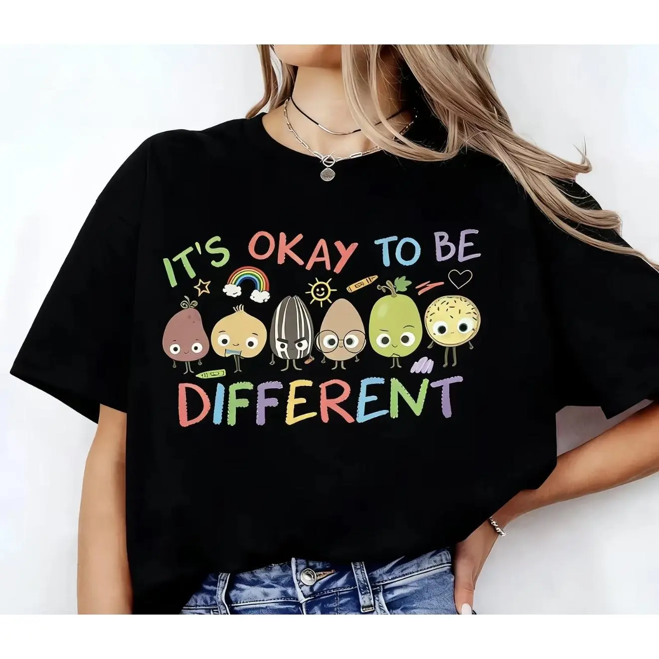 It's Okay To Be Different Cute Cartoon Character T‑Shirt, Inspirational Acceptance Individuality Tee, SPED Teacher Classroom Gift For Men Women