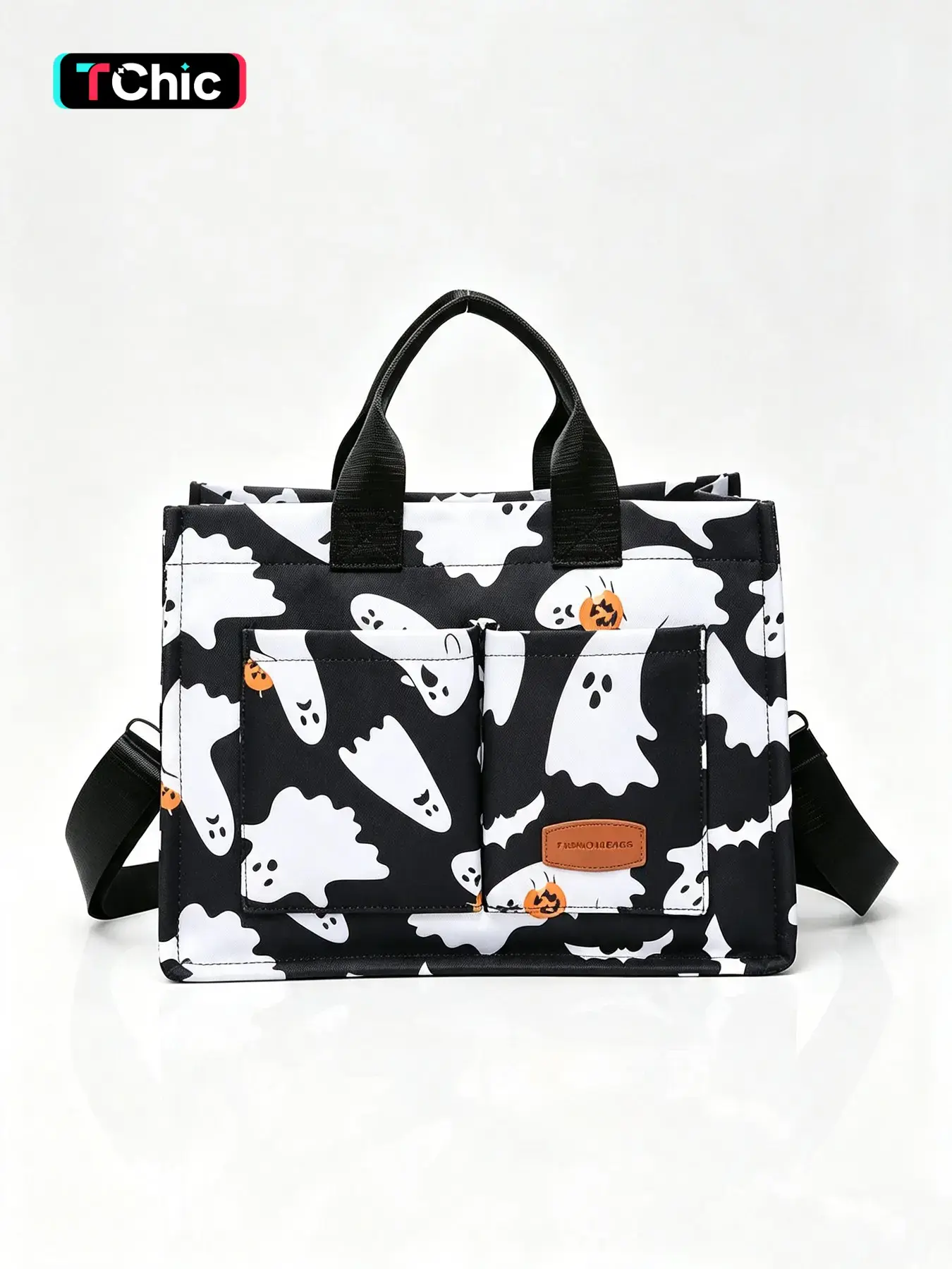 Women Halloween Themed Tote Crossbody Bag, Cute Pumpkin Bat Haunted House Print Handbag, Multi‑Pocket Large Capacity, Detachable Shoulder Strap, Stylish Fall Accessory for Halloween Party Travel Daily Use & Holiday Gift