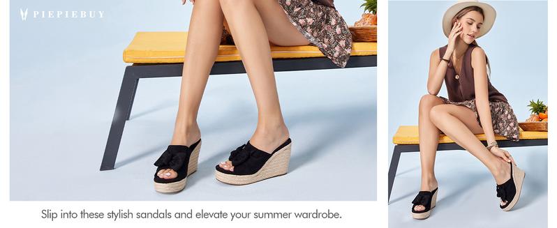 Coutgo Womens Platform Espadrilles Slip On Wedge Sandals Bow Tie Open Toe Slides Shoes