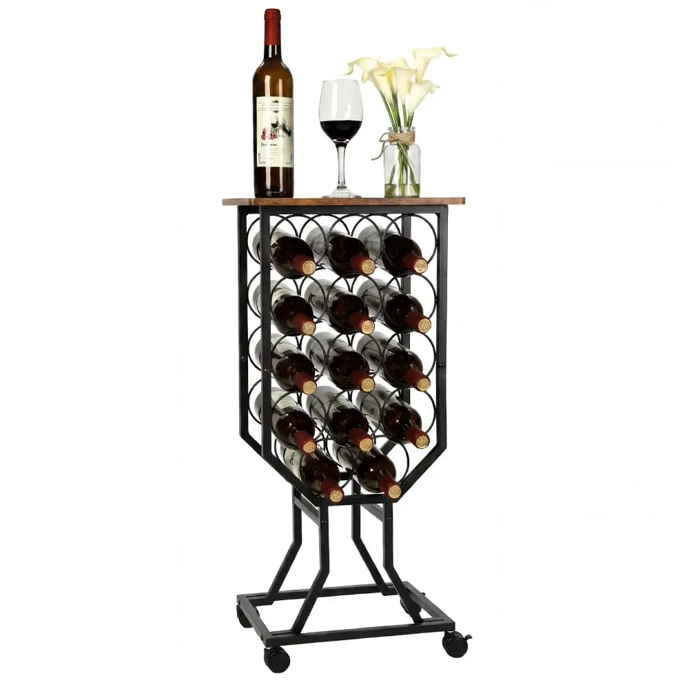 12-Bottle Free Standing Wine Rack with 4 Removable Casters and Glass Holder, 3.93 in Diameter Storage Rack Featuring PB Board and Iron Tube for Home Bar, Kitchen, and Living Room