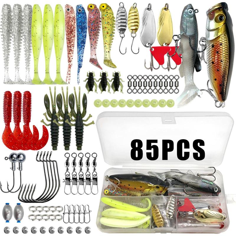 Artificial Fishing Lure Kit, 85, 117, 157, 198 or 375-Piece Fishing Lure Set with Spoon Lures, Soft Plastic Worms, Crankbait Jigs and Fishing Hooks, Fishing Accessories