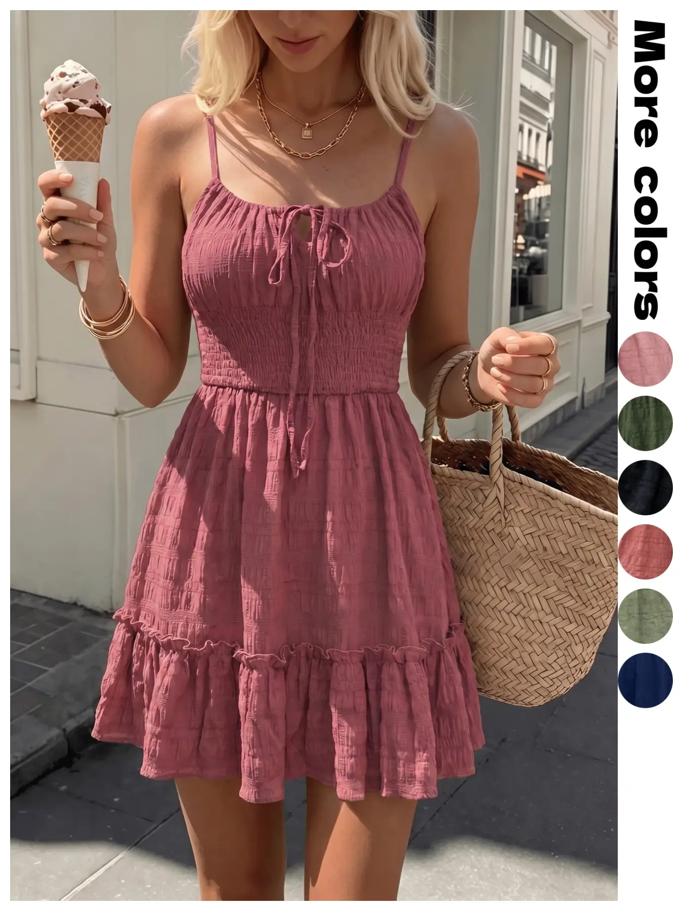 Solid Color Textured Elegant Casual Mini Dress, Adjustable Thin Straps Square Neck Tie Back, Waist Cinch Ruffle Hem, Multi-Color Vacation Style Women's Dress