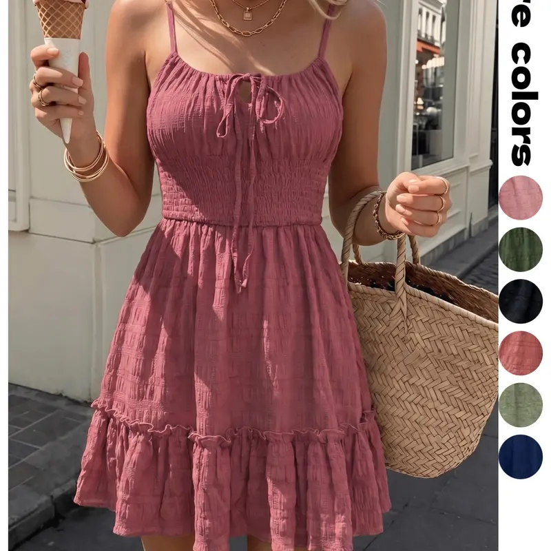 Solid Color Textured Elegant Casual Mini Dress, Adjustable Thin Straps Square Neck Tie Back, Waist Cinch Ruffle Hem, Multi-Color Vacation Style Women's Dress Feminine