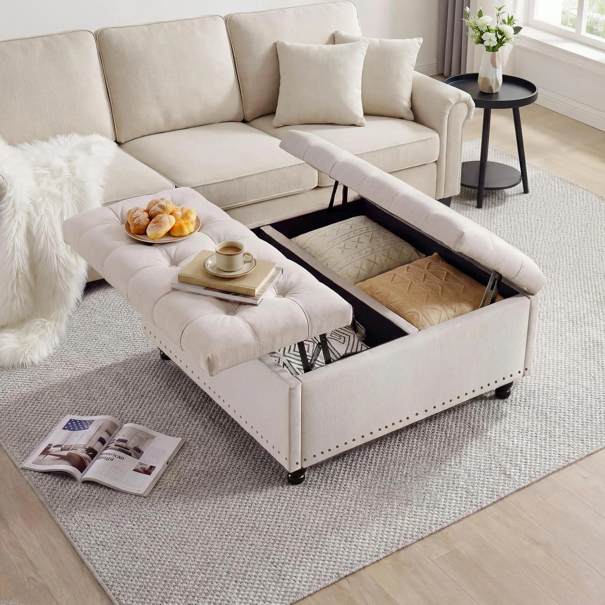 36" Large Storage Ottoman with Lift Top, 300 LBS Hidden Storage Bench with Tufted Upholstery & Wood Legs, Multi-Functional Ottoman for Living Room Bedroom Entryway