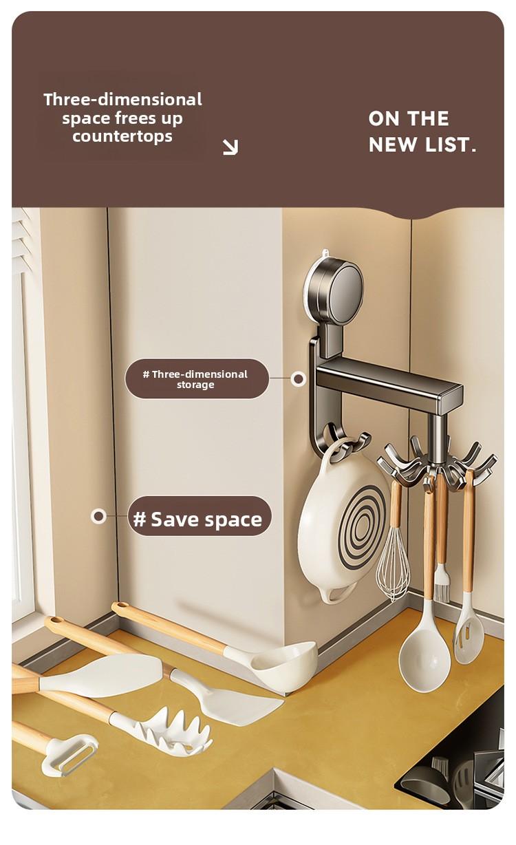 Aluminum Material Powerful Suction Cup Kitchen Rotating Hook Storage Rack No-Nail Wall-Mounted for Spatulas Spoons and Utensils Organiser Installation