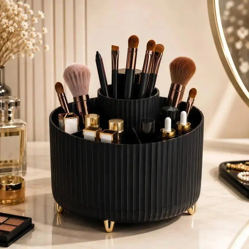360° Rotating PU Leather Luxury Stripe Cosmetic Storage Organizer, 5-Compartment Multi-Functional Desktop Holder for Brushes, Lipstick, Skincare - Gift Idea
