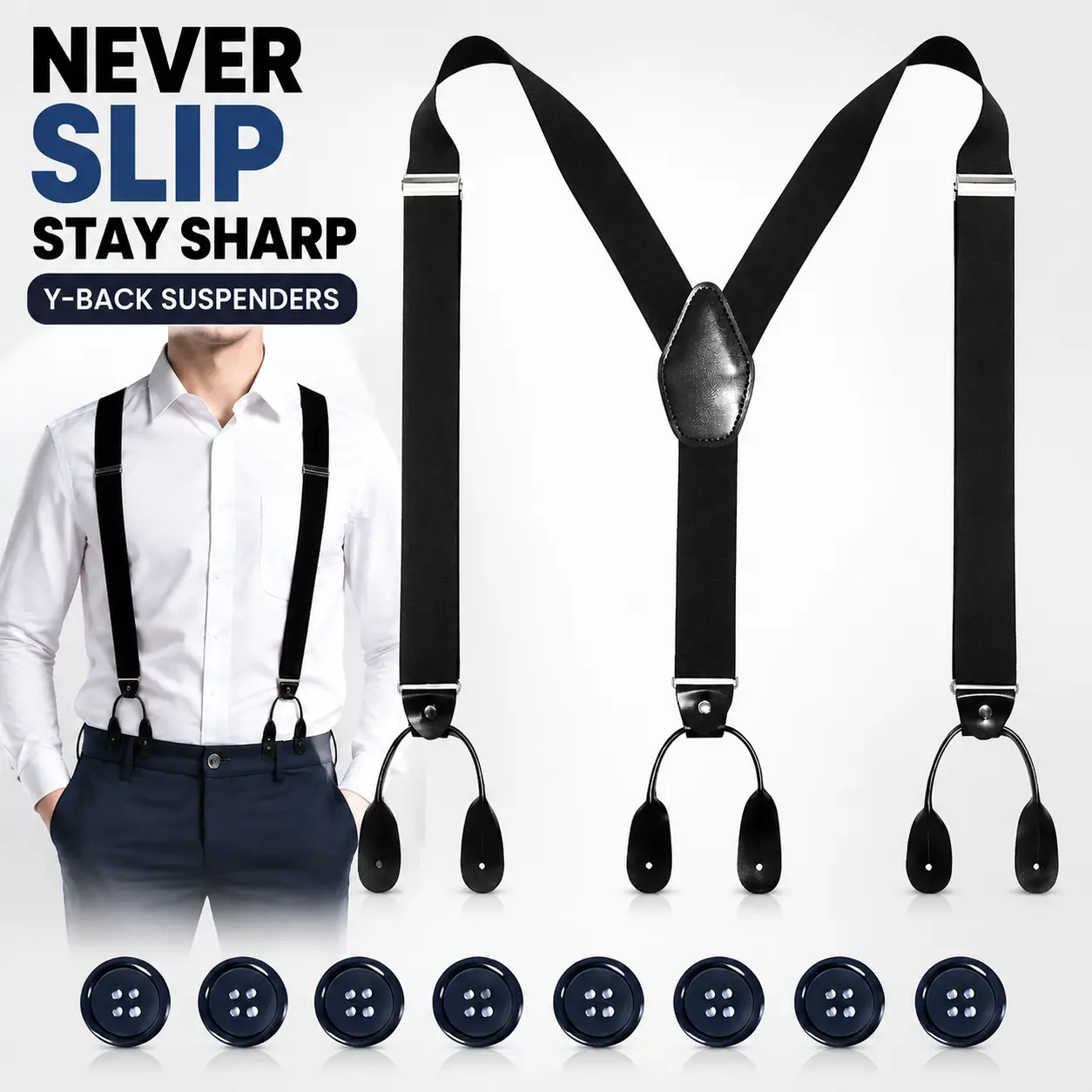 Men's Adjustable Button Suspenders, Heavy Duty Y-Back Elastic Braces with Leather Button Ends, Comfortable Suspenders for Jeans, Trousers and Tuxedo