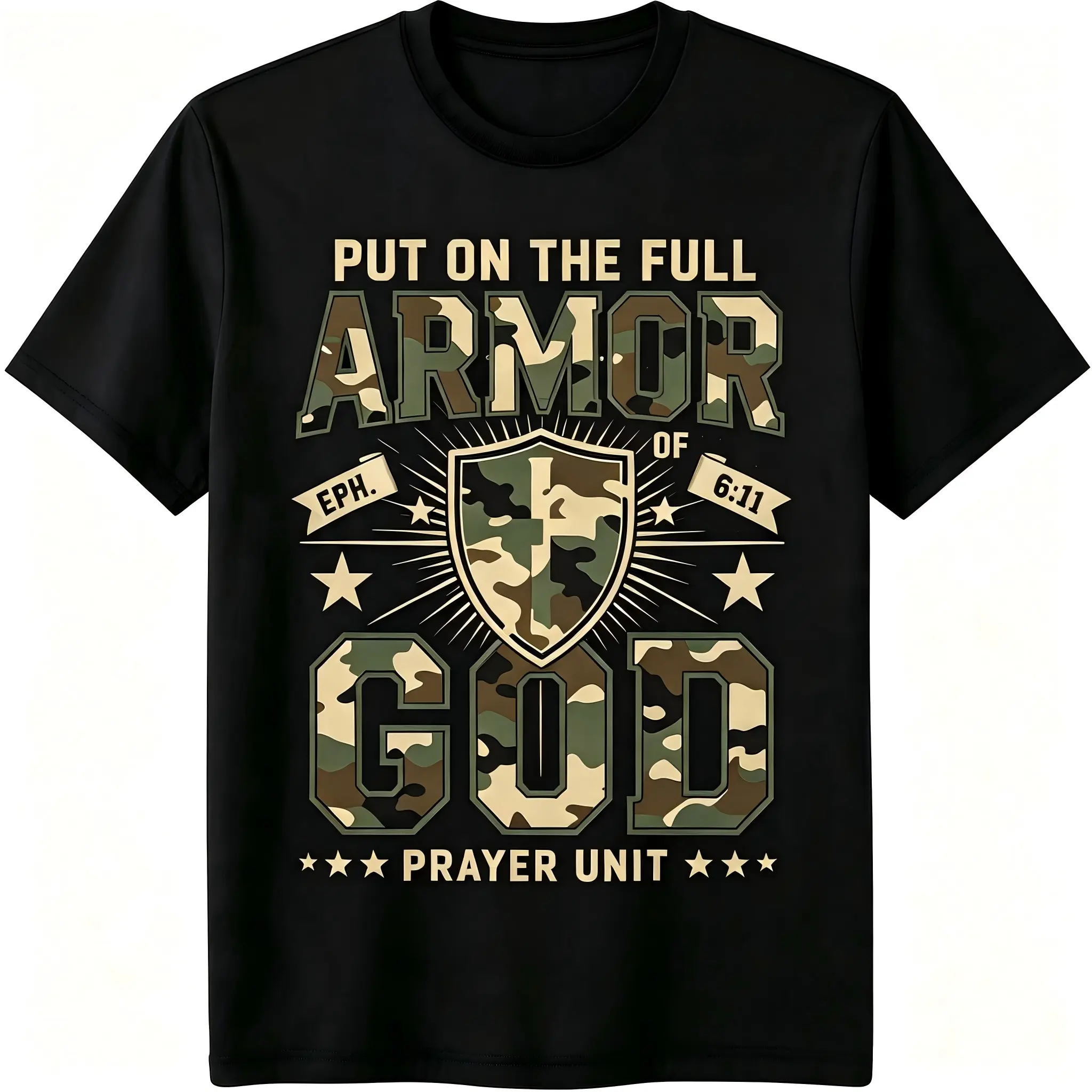 "Put On The Full Armor Of God Eph 6:11" Christian T-Shirt for Men & Women - Camo Cross Shield Graphic, Soft Cotton Crew Neck Short Sleeve, All-Season Summer Spring Casual, Great for Daily Wear & Faith Style, Machine Washable