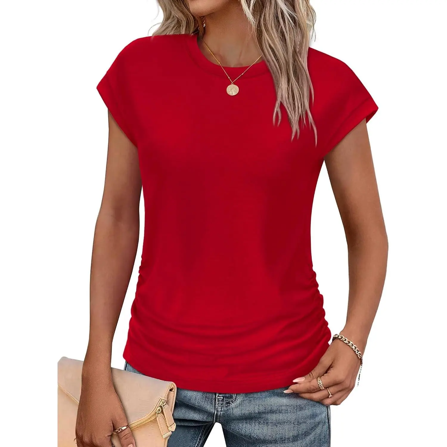 Womens Summer Tops Trendy 2026 Ruched Cap Short Sleeve Tshirts Shirts Crew Neck T Shirts Fashion