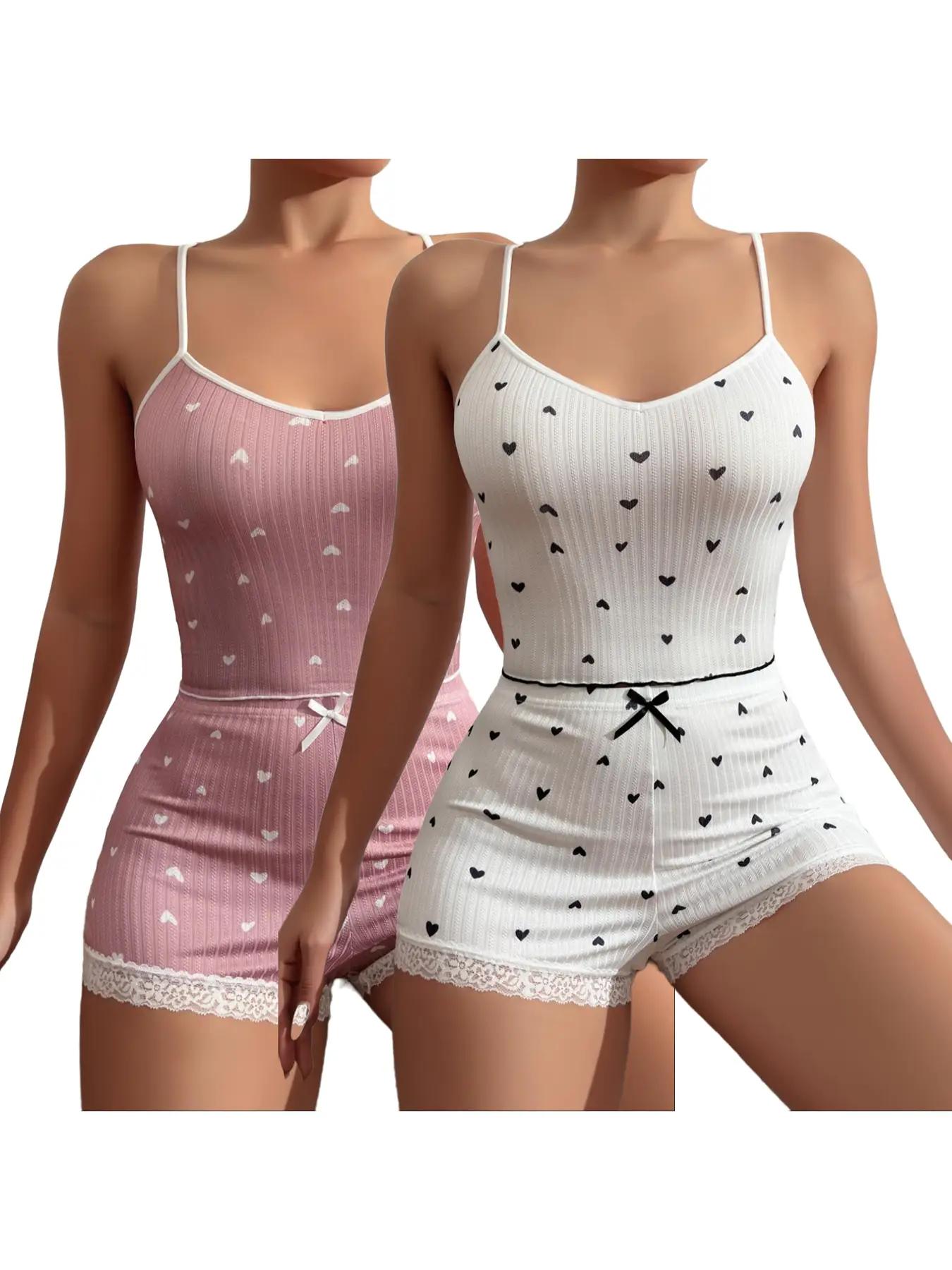 Women's All Over Heart Print Sheer Cami Top & Bow Front Contrast Lace Shorts Pyjama Set, Lounge Set, Cute Comfy Spaghetti Strap Sleeveless Top & Shorts Pj Lounge Co-ord Set, Summer Outfits 2024
