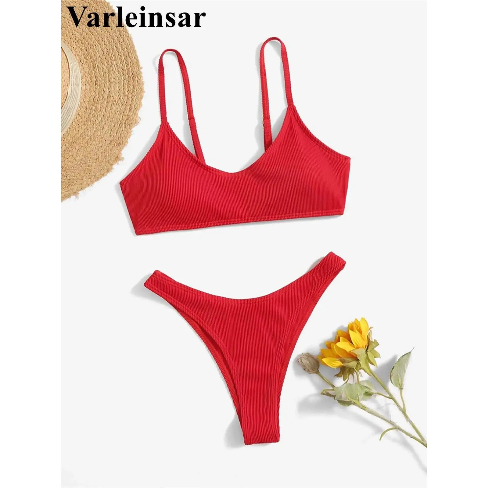 Ribbed High Leg Cut Bikini Female Swimsuit Women Swimwear Two-pieces Bikini set Brazilian Padded Bather Bathing Suit Swim V7126