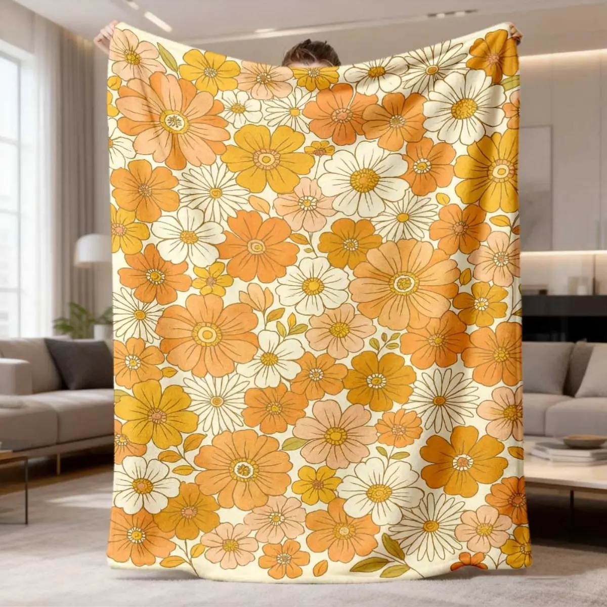 2026 New Daisy Floral Pattern Flannel Blanket - 1Pc Extra Large Soft Warm Plush Breathable Soft Blanket, Available in Mustard Yellow,Brown,White,Peach,Beige, Luxury Bedding Throw for Bed,Sofa, Machine Washable All-Season Use, Soft Blankets
