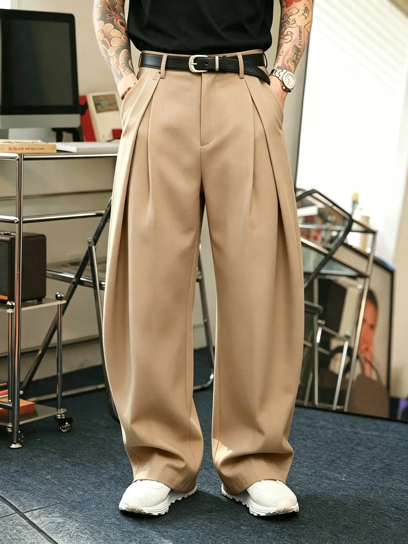 Men's Vintage Wide-Leg Pants, Casual Loose-Fit Plaid Plain Trousers, Fashionable Streetwear for All Seasons, Essential Trendy Bottoms