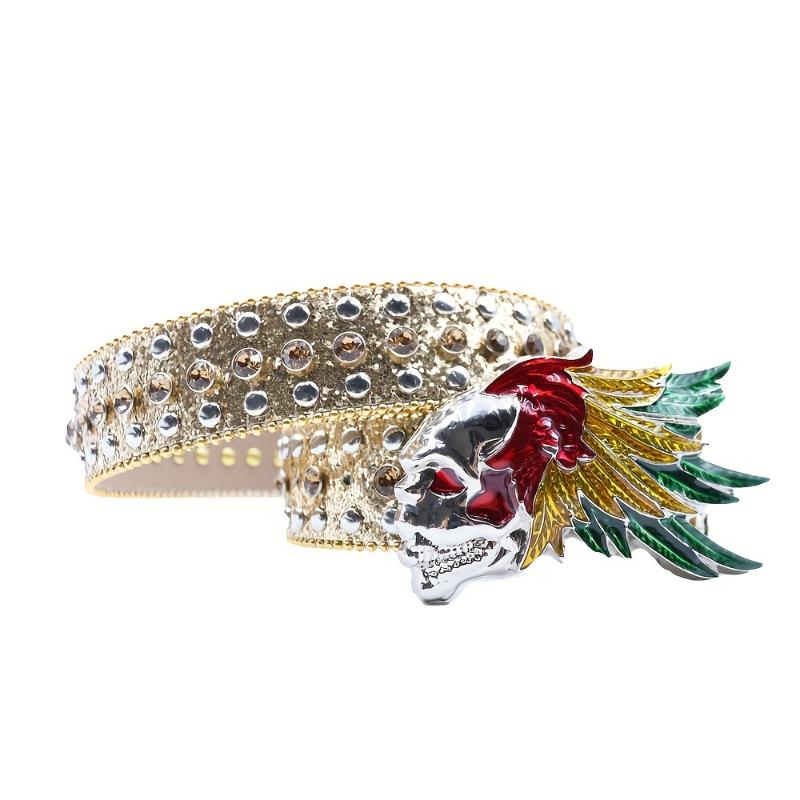 jewelry Rhinestone Black Belt Men Faux Leather Faux Leather PU Black Cross Skull Buckle Revits Belt, Unisex Western Music Festival Embellished Faux Glitter Print Belt With Rhinestone And Rivet, Music Festival Party Wear