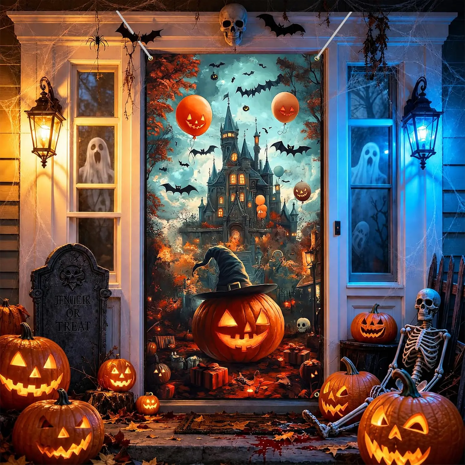 Halloween Door Cover, Fabric Front Door Decoration for Haunted House & Halloween Party