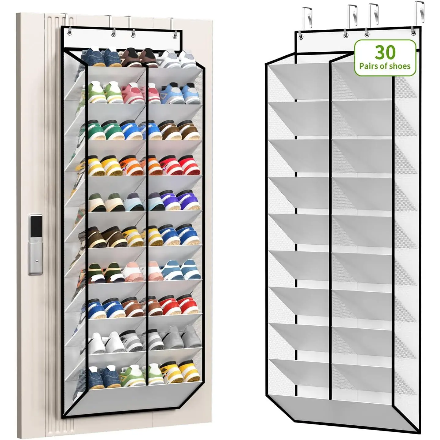 KEEPJOY 20-30 Pairs Over the Door Shoe Organizer, Mesh Hanging Shoe Rack for Door Storage with 20 Wide Deep Pockets,10-Tier White Door Shoe Holder Fits Sneakers, Boots.