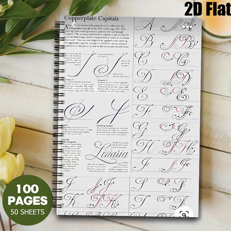 1pc Spiral Bound [2D]Flat Copperplate Capitals Guide Notebook with Lined Pages, 100 Pages Calligraphy Practice Journal for Beginners, Ideal for Hand Lettering Learning, Perfect Gift for Art Enthusiasts on Christmas, Birthday, 5.7X8.26 inch