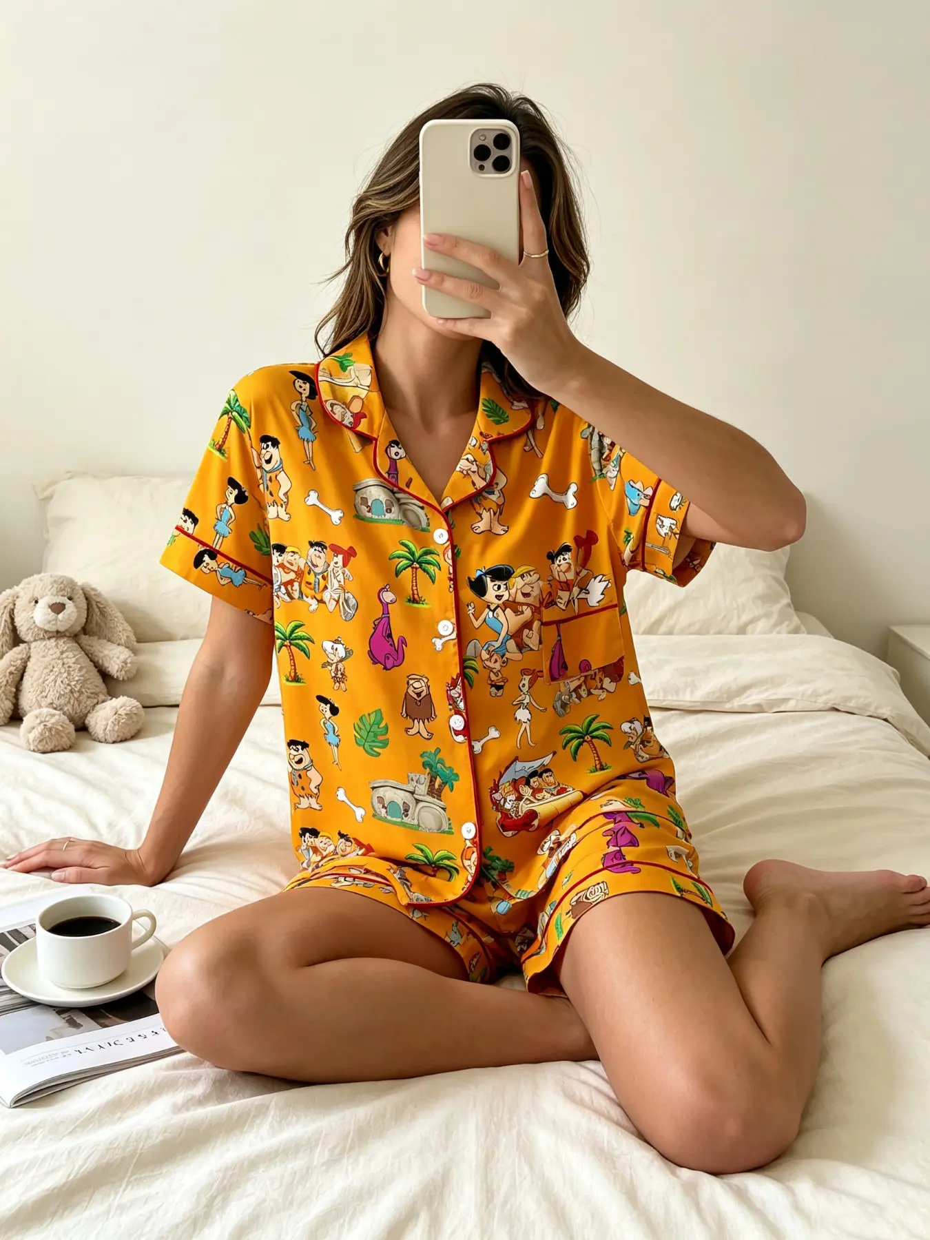 Women's Pajama Set, Cartoon Animal Print, Fitted Casual Style, All Seasons Wear, Soft Fabric, Elastic Waist, Home & Outdoor Comfort