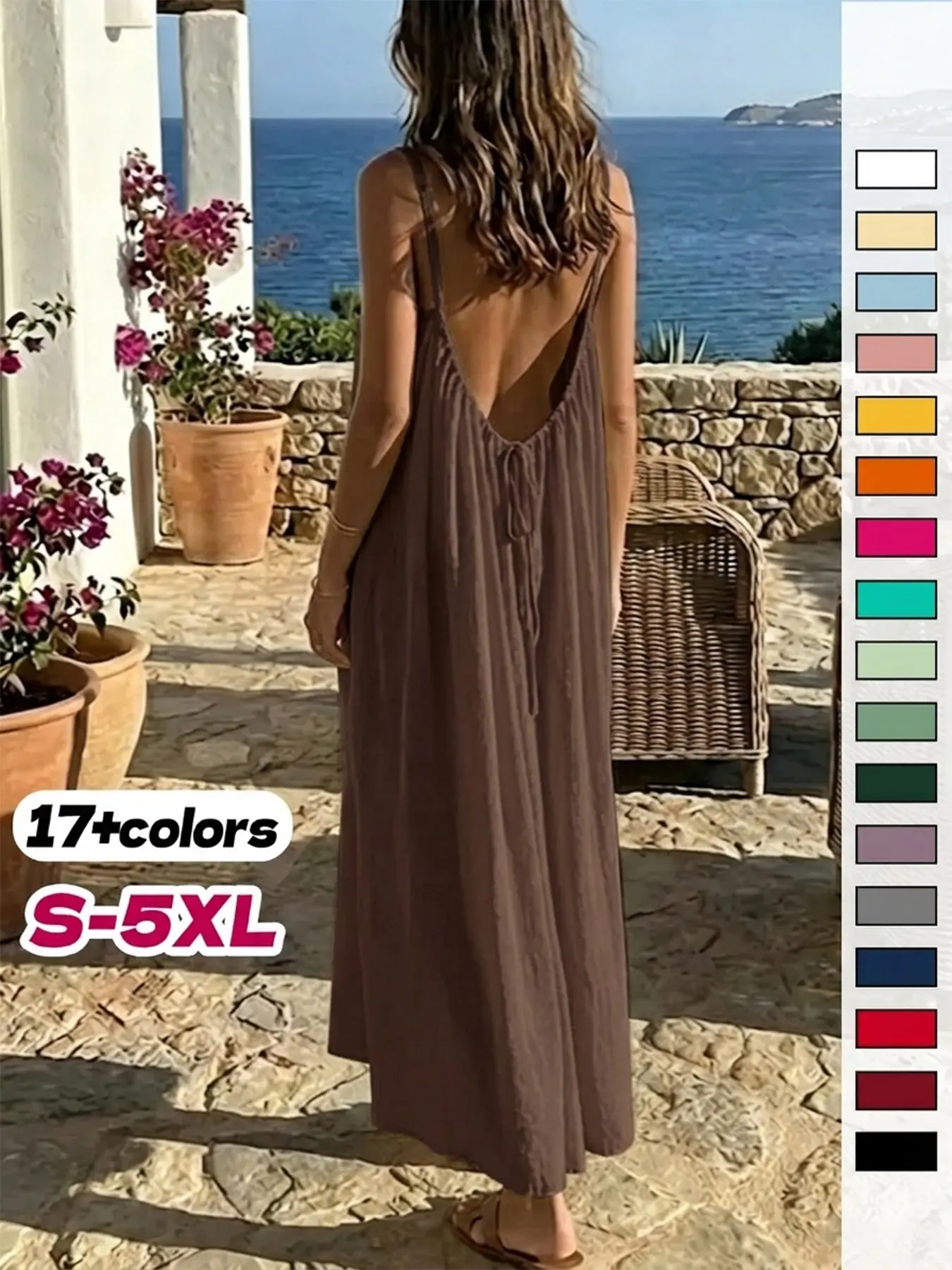 Boho Chic Style Sleeveless Spaghetti Strap Dress, Loose Fit Backless Long Dress, Women's Casual Home Wear, Pure Color Design, Comfortable & Stylish